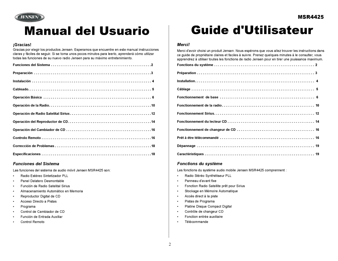 Sirius Satellite Radio MSR4425 owner manual Funciones del Sistema, Merci, Fonctions du système 