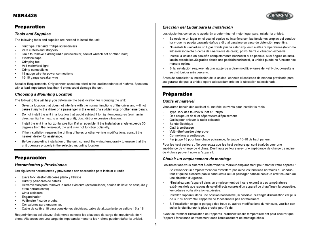 Sirius Satellite Radio owner manual MSR4425 Preparation, Preparación, Préparation 