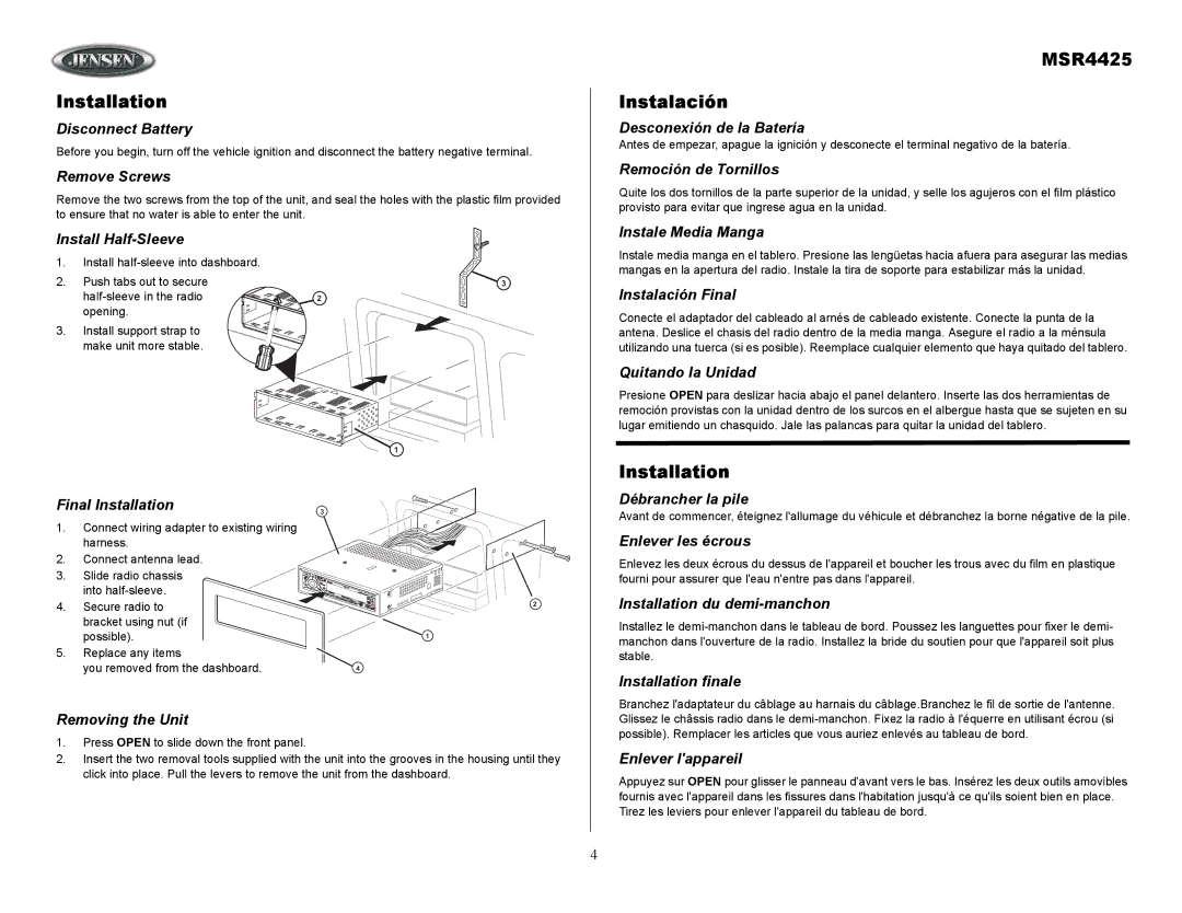 Sirius Satellite Radio owner manual Installation, MSR4425 Instalación 