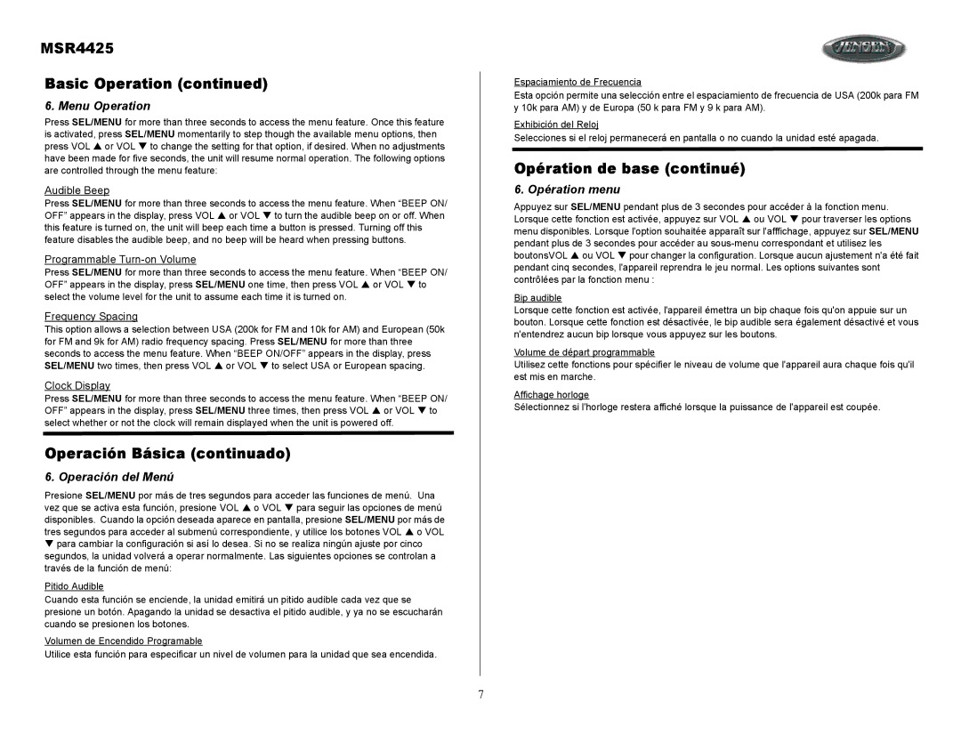 Sirius Satellite Radio owner manual MSR4425 Basic Operation, Operación Básica continuado, Opération de base continué 