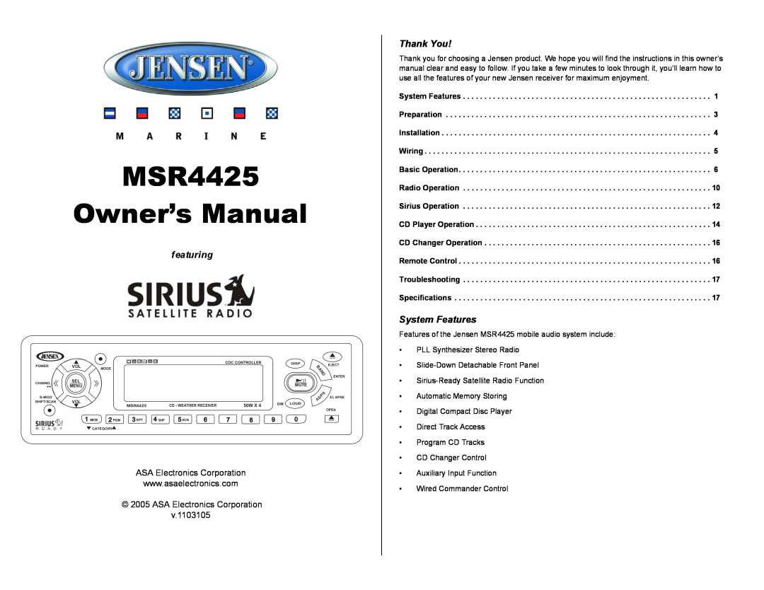 Sirius Satellite Radio MSR4425 owner manual featuring, Thank You, System Features, ASA Electronics Corporation 