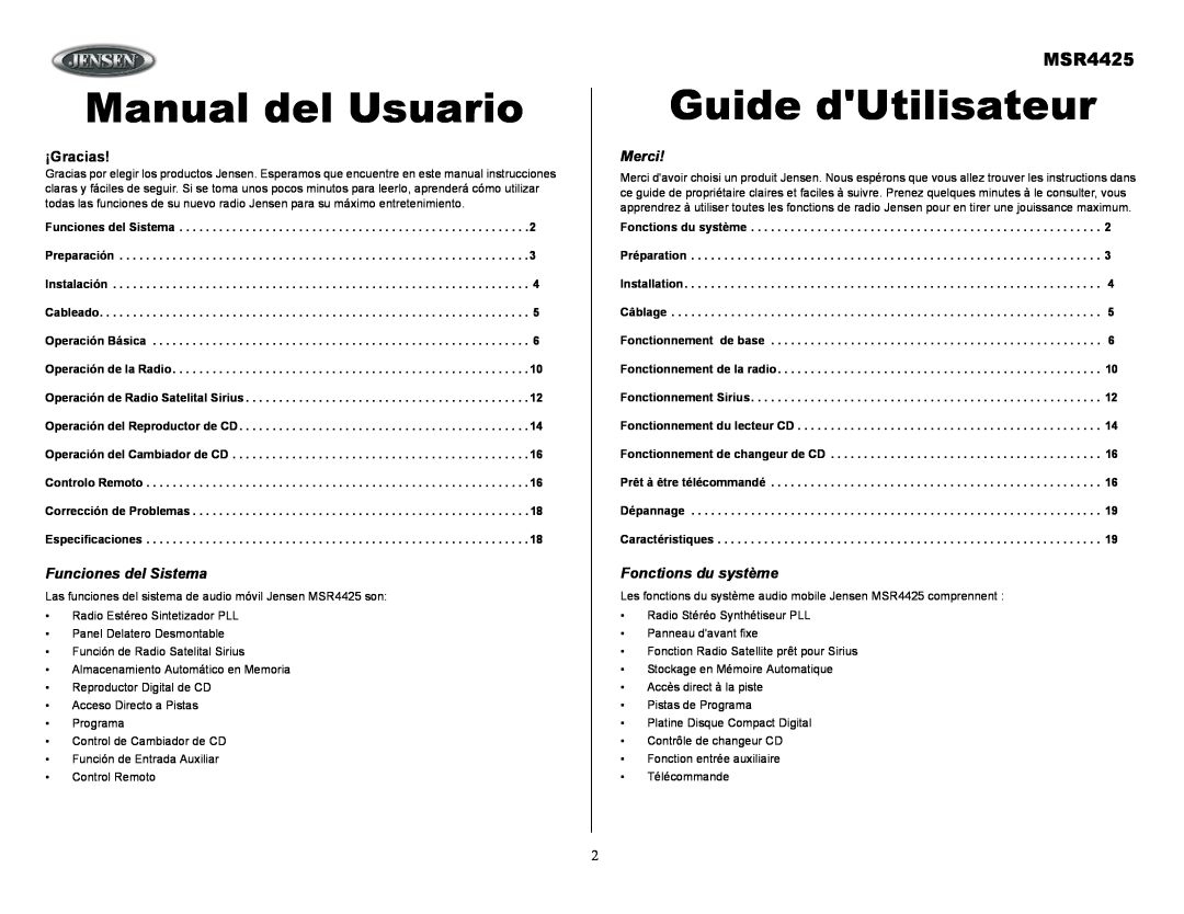 Sirius Satellite Radio MSR4425 owner manual Manual del Usuario, Guide dUtilisateur, ¡Gracias 