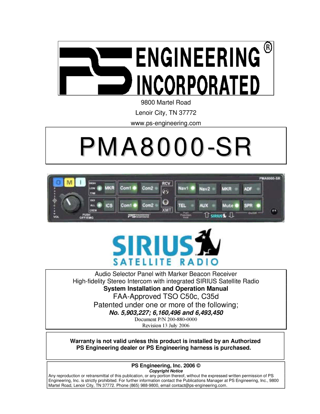 Sirius Satellite Radio PMA8000-SR operation manual PS Engineering, Inc 