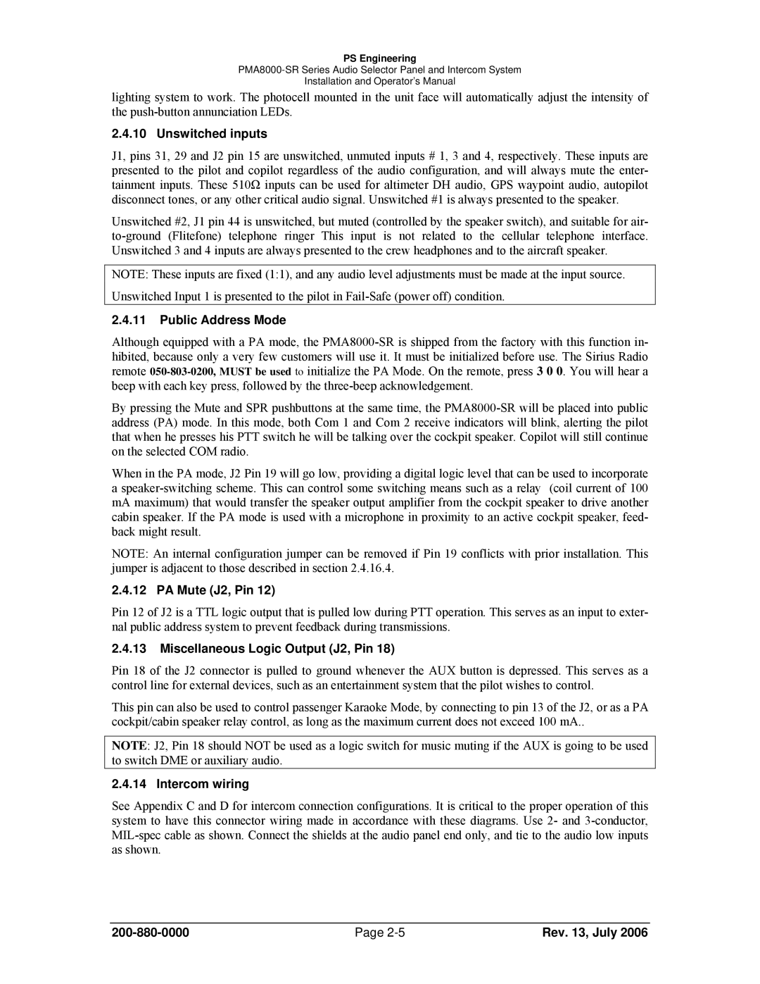 Sirius Satellite Radio PMA8000-SR operation manual Unswitched inputs, Public Address Mode, PA Mute J2, Pin, Intercom wiring 