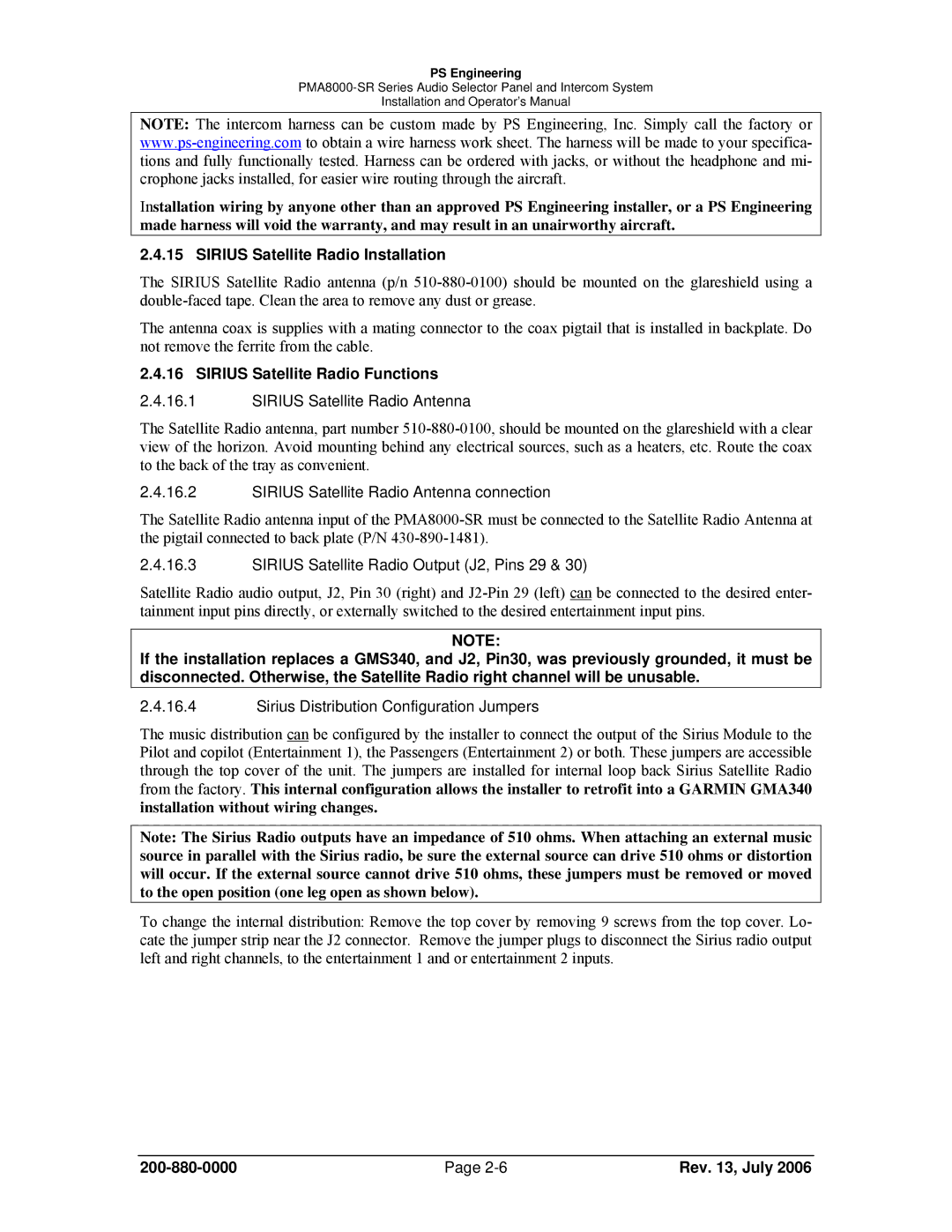 Sirius Satellite Radio PMA8000-SR operation manual Sirius Satellite Radio Installation, Sirius Satellite Radio Functions 