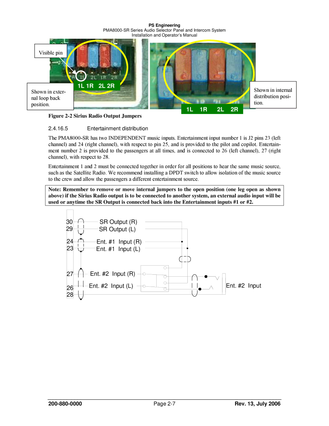 Sirius Satellite Radio PMA8000-SR operation manual Sirius Radio Output Jumpers, Entertainment distribution 