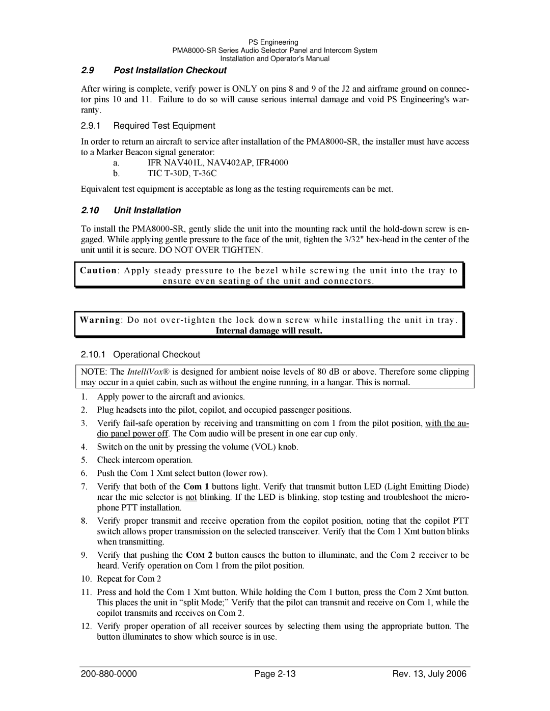 Sirius Satellite Radio PMA8000-SR operation manual Post Installation Checkout, Required Test Equipment, Unit Installation 