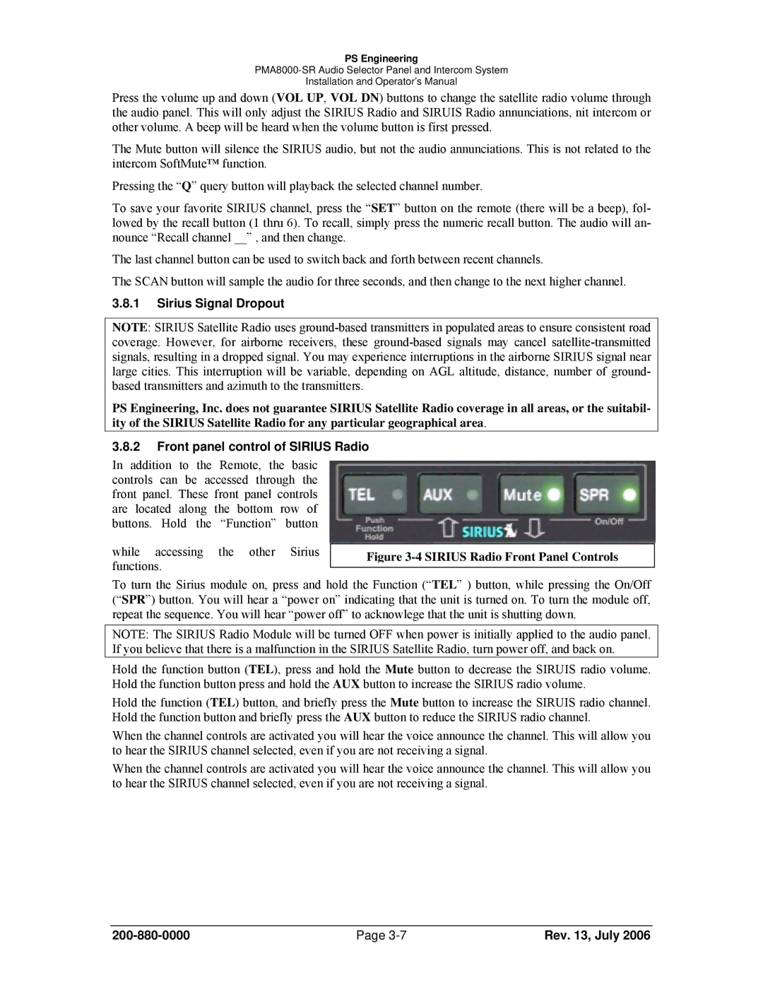 Sirius Satellite Radio PMA8000-SR operation manual Front panel control of Sirius Radio, Sirius Radio Front Panel Controls 