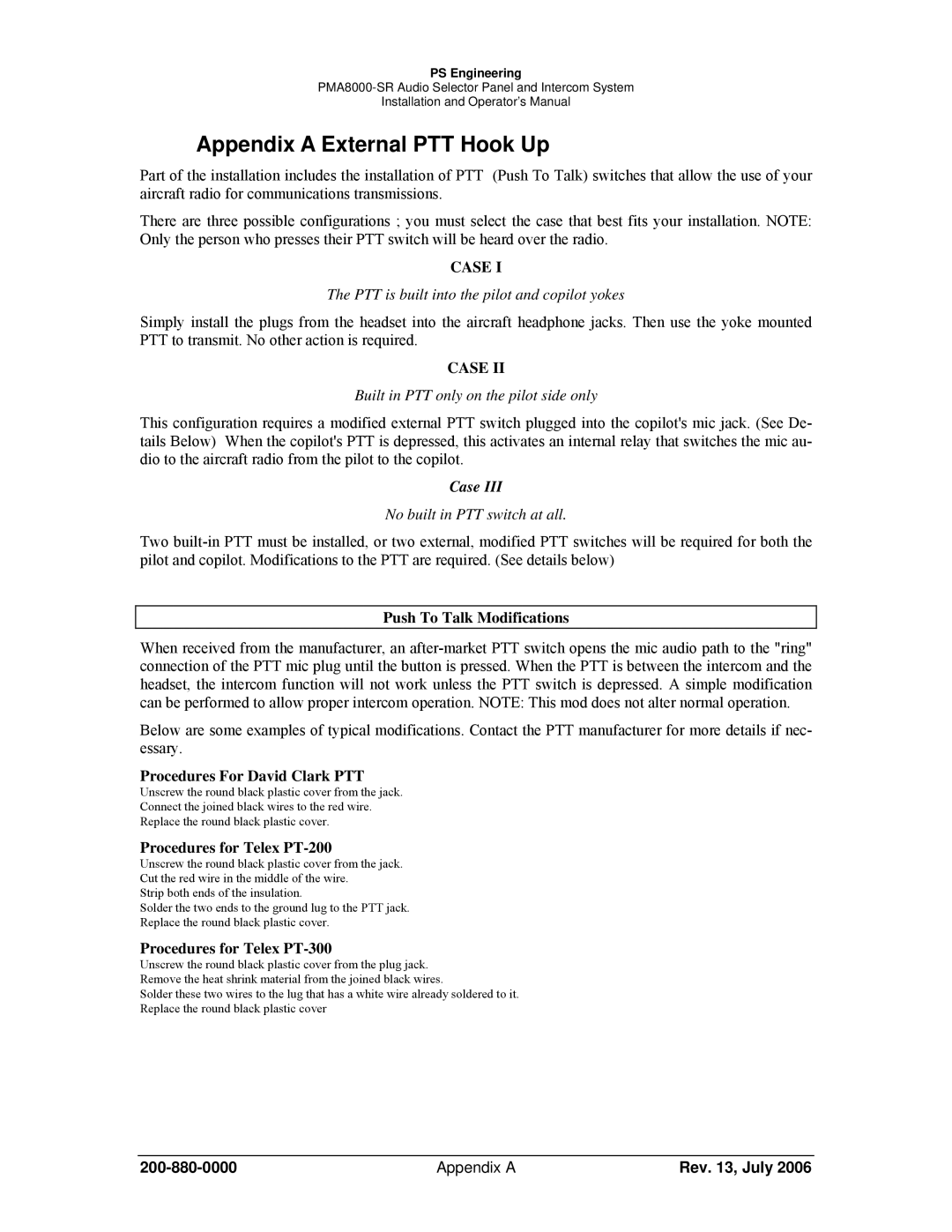 Sirius Satellite Radio PMA8000-SR operation manual Appendix a External PTT Hook Up, Appendix a Rev , July 