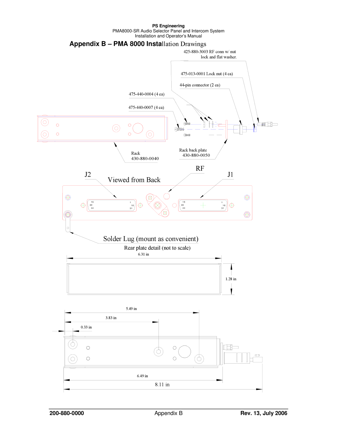 Sirius Satellite Radio PMA8000-SR operation manual Appendix B PMA 8000 Installation Drawings, Appendix B Rev , July 