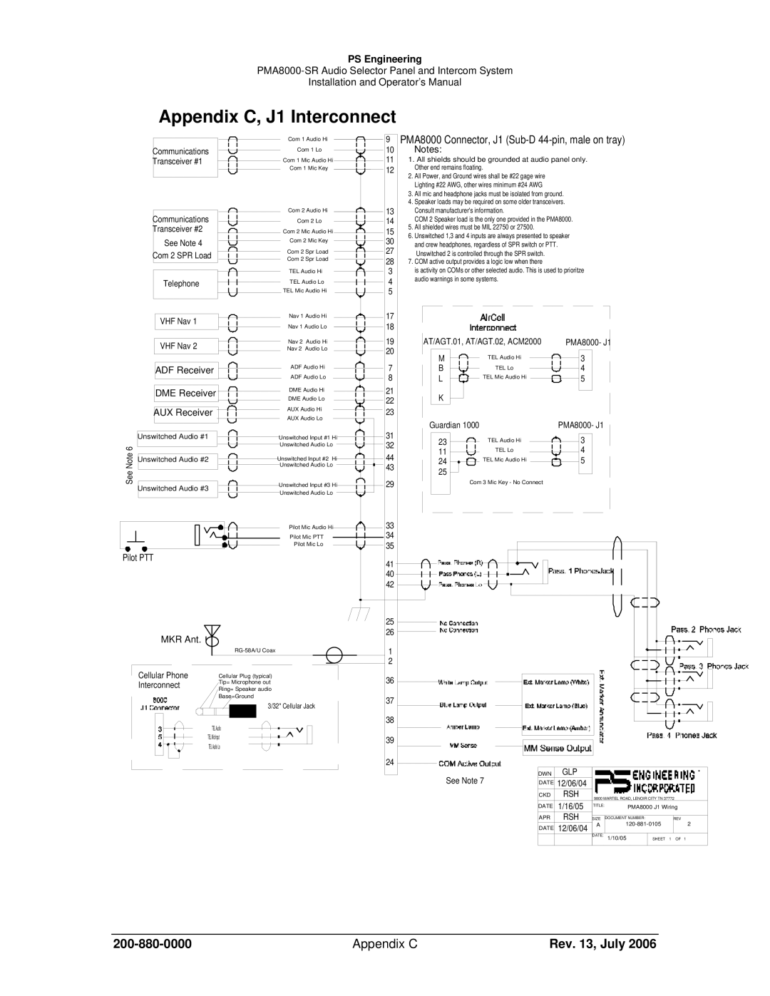 Sirius Satellite Radio PMA8000-SR operation manual Appendix C, J1 Interconnect, Appendix C Rev , July 