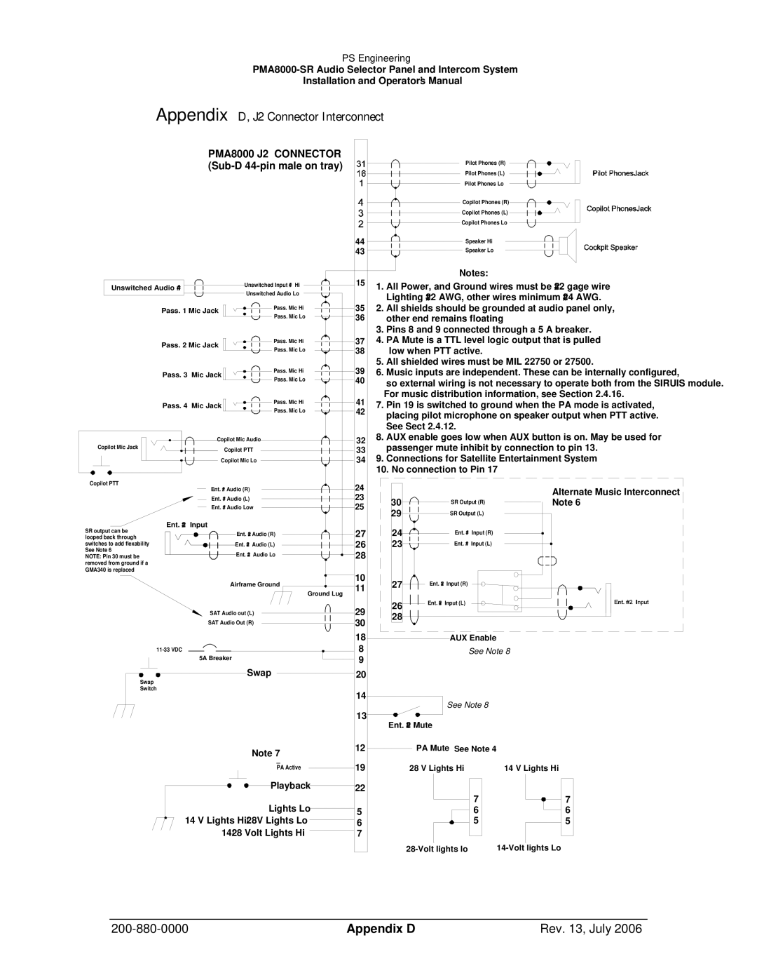 Sirius Satellite Radio PMA8000-SR operation manual Appendix D, J2 Connector Interconnect, Appendix D Rev , July 