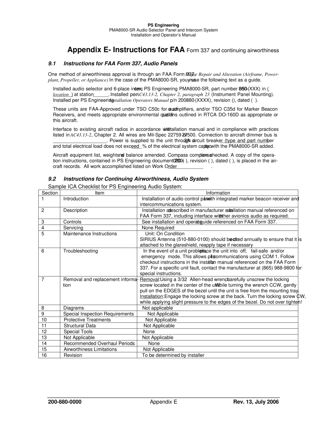 Sirius Satellite Radio PMA8000-SR operation manual Instructions for FAA Form 337, Audio Panels, Appendix E Rev , July 