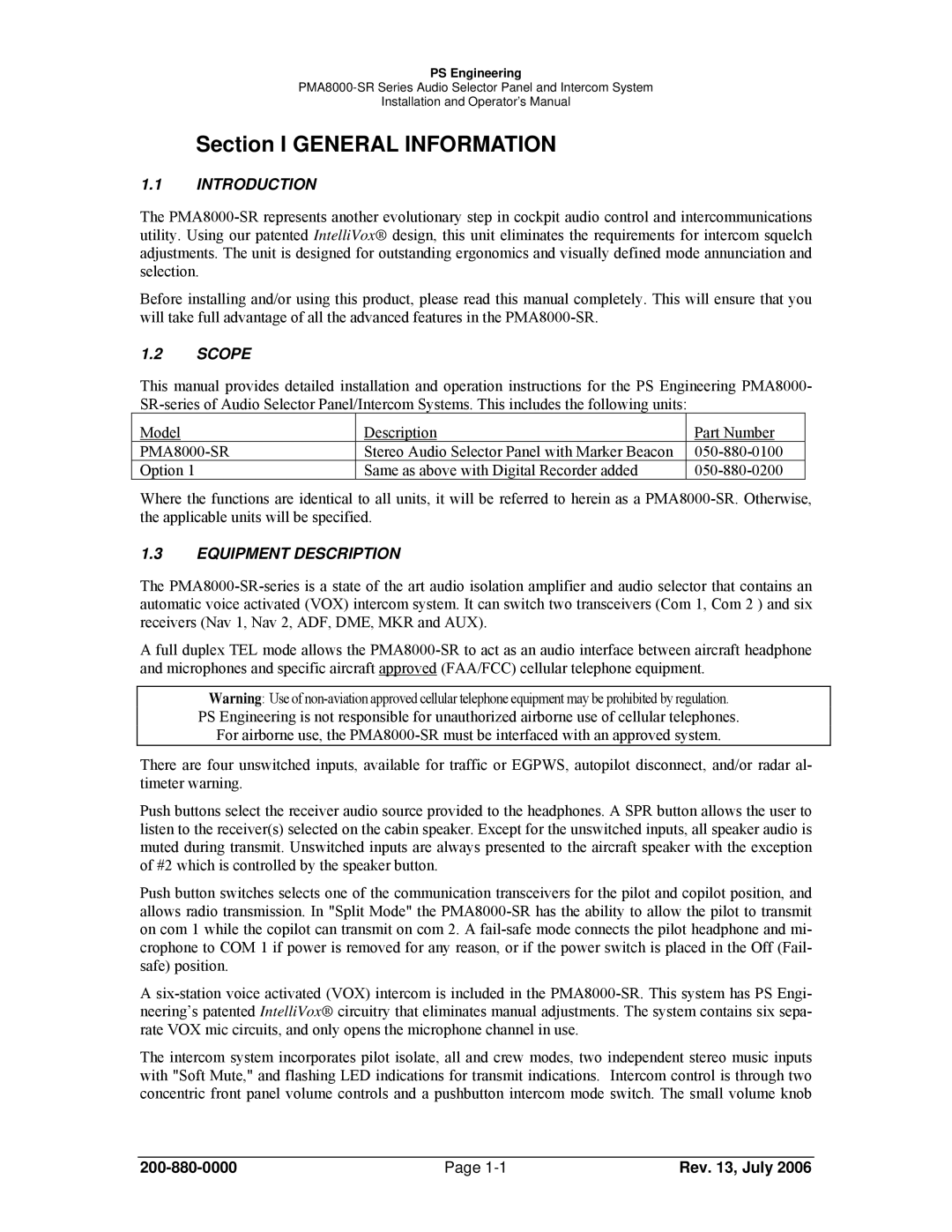 Sirius Satellite Radio PMA8000-SR operation manual Section I General Information, Introduction 