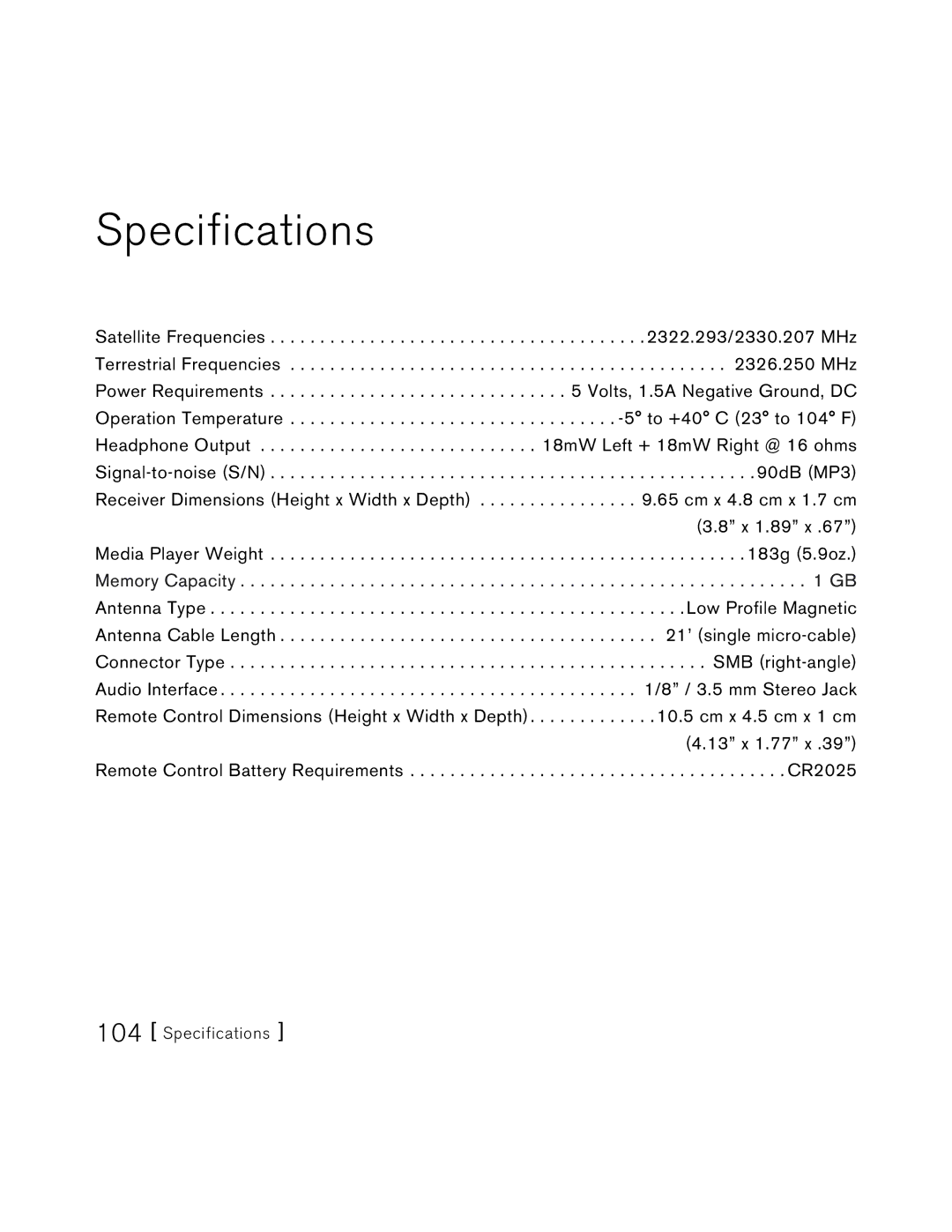 Sirius Satellite Radio S50 user manual Specifications 