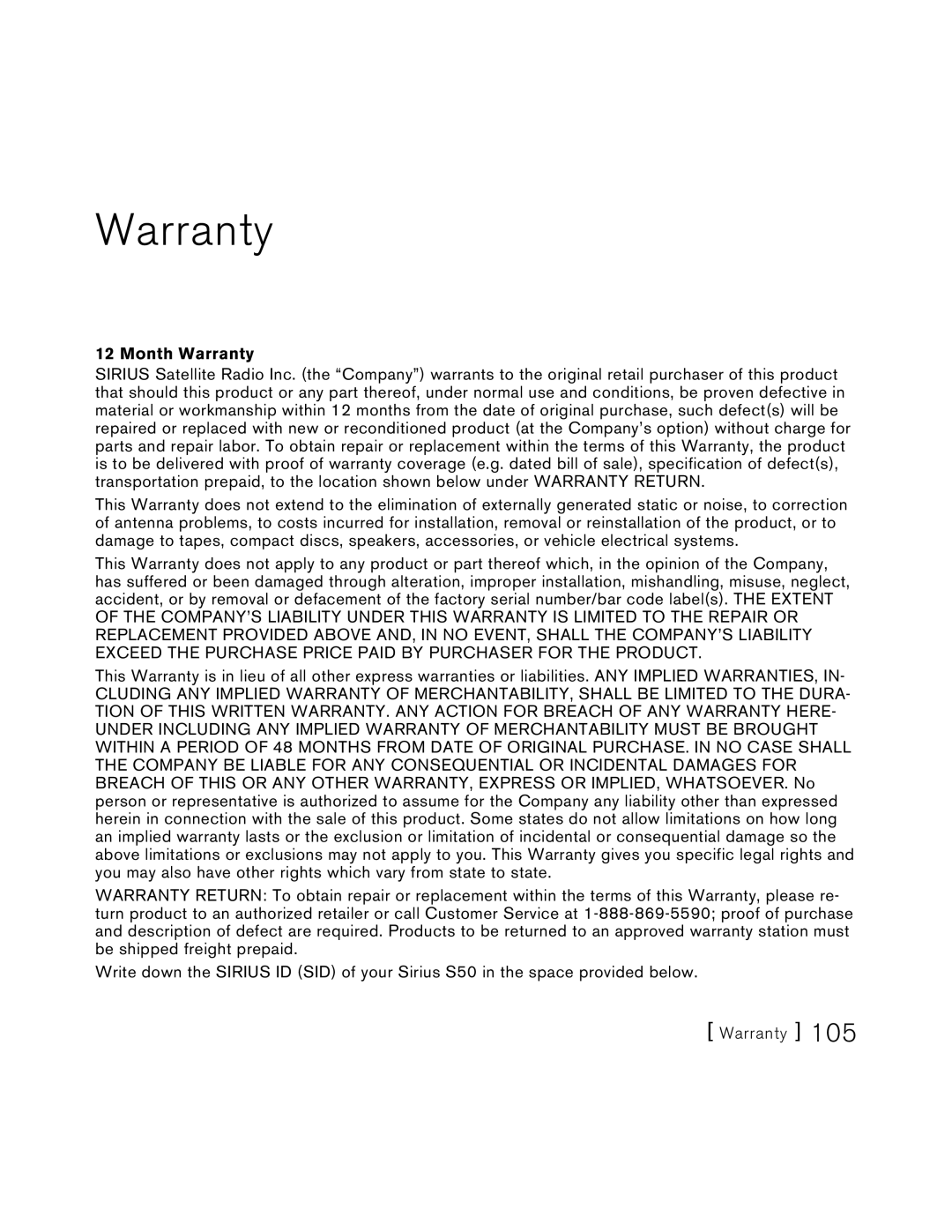Sirius Satellite Radio S50 user manual Month Warranty 