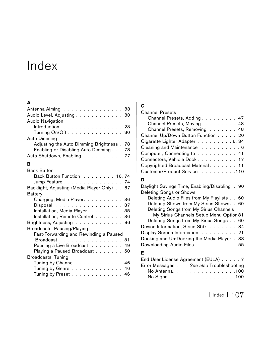 Sirius Satellite Radio S50 user manual Index 