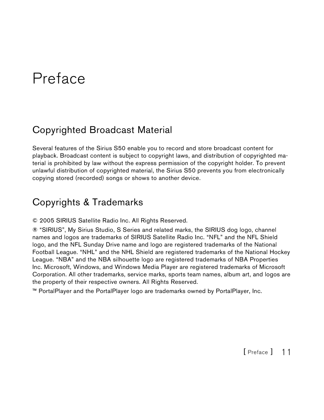 Sirius Satellite Radio S50 user manual Preface, Copyrighted Broadcast Material, Copyrights & Trademarks 