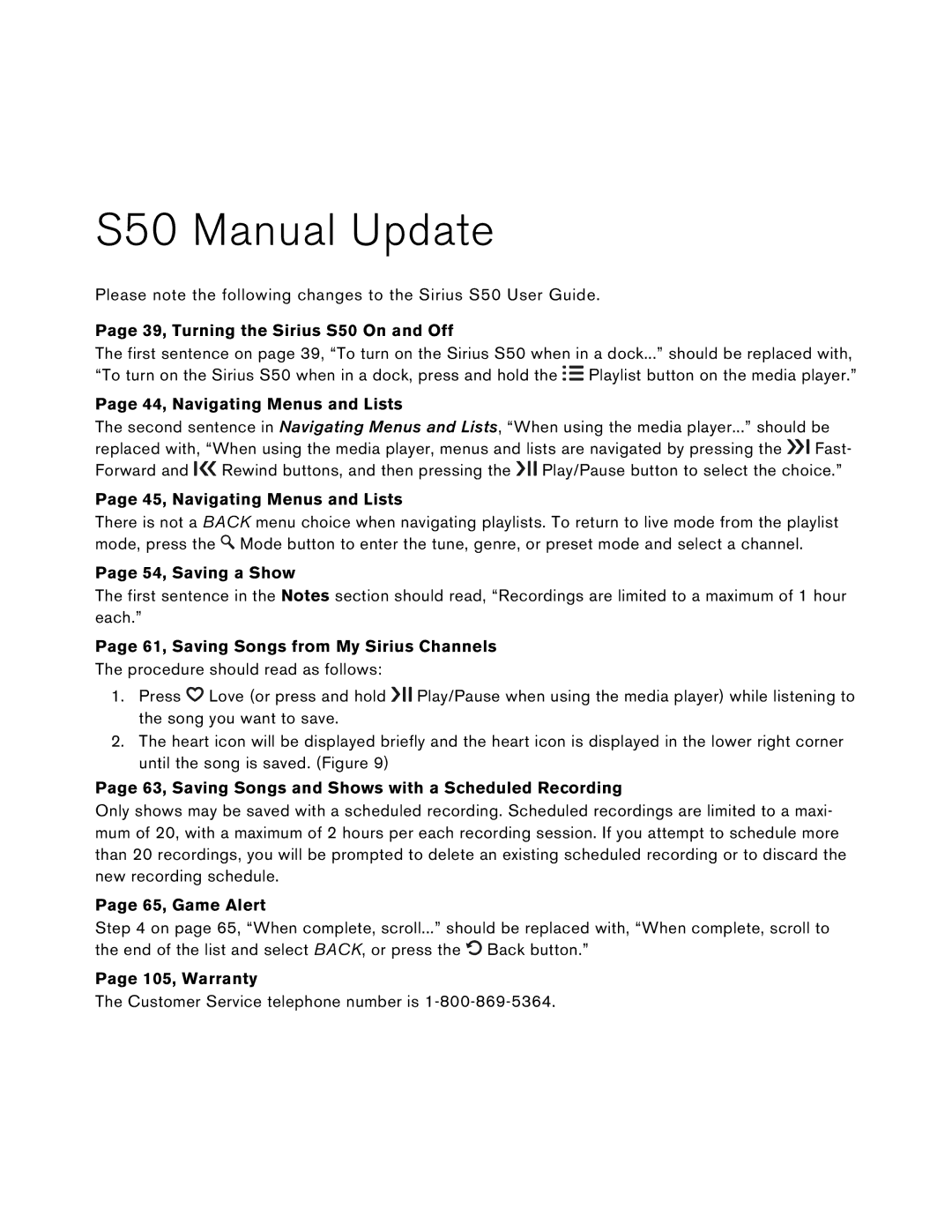 Sirius Satellite Radio user manual S50 Manual Update, 39, Turning the Sirius S50 On and Off 