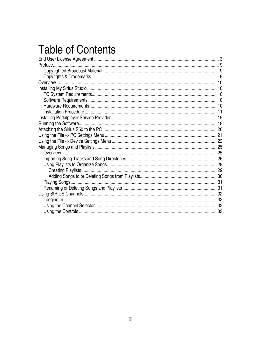 Sirius Satellite Radio S50 user manual Table of Contents 