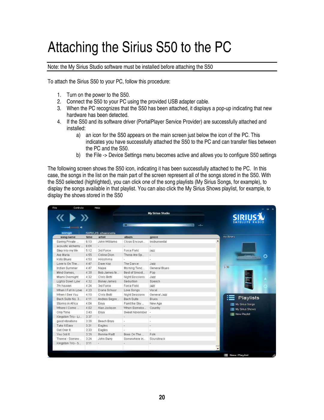 Sirius Satellite Radio user manual Attaching the Sirius S50 to the PC 