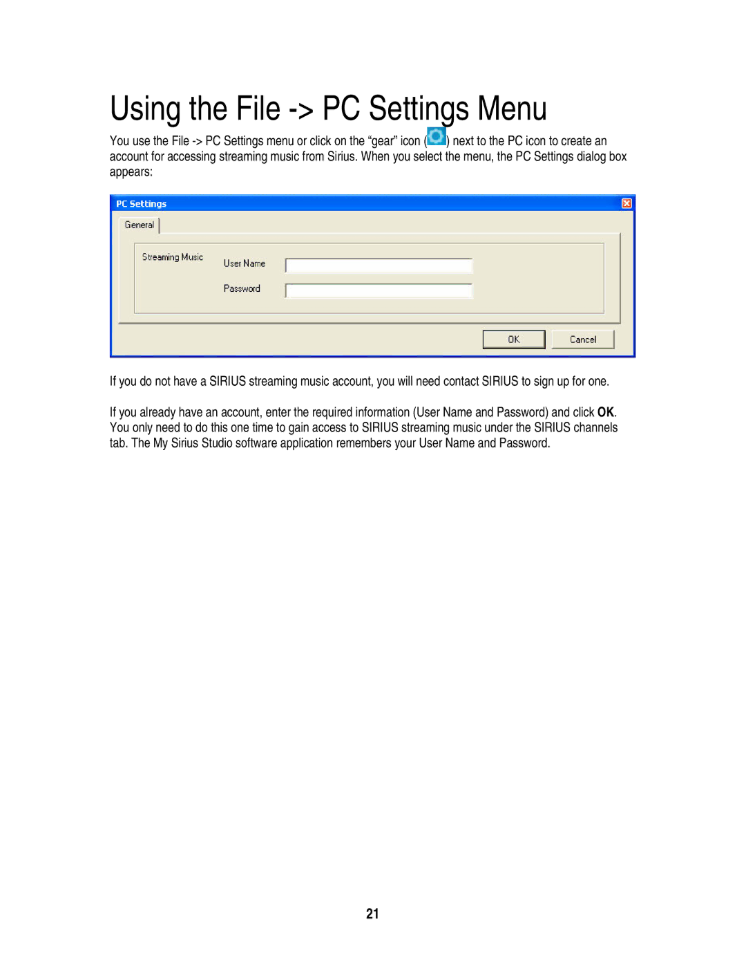 Sirius Satellite Radio S50 user manual Using the File PC Settings Menu 