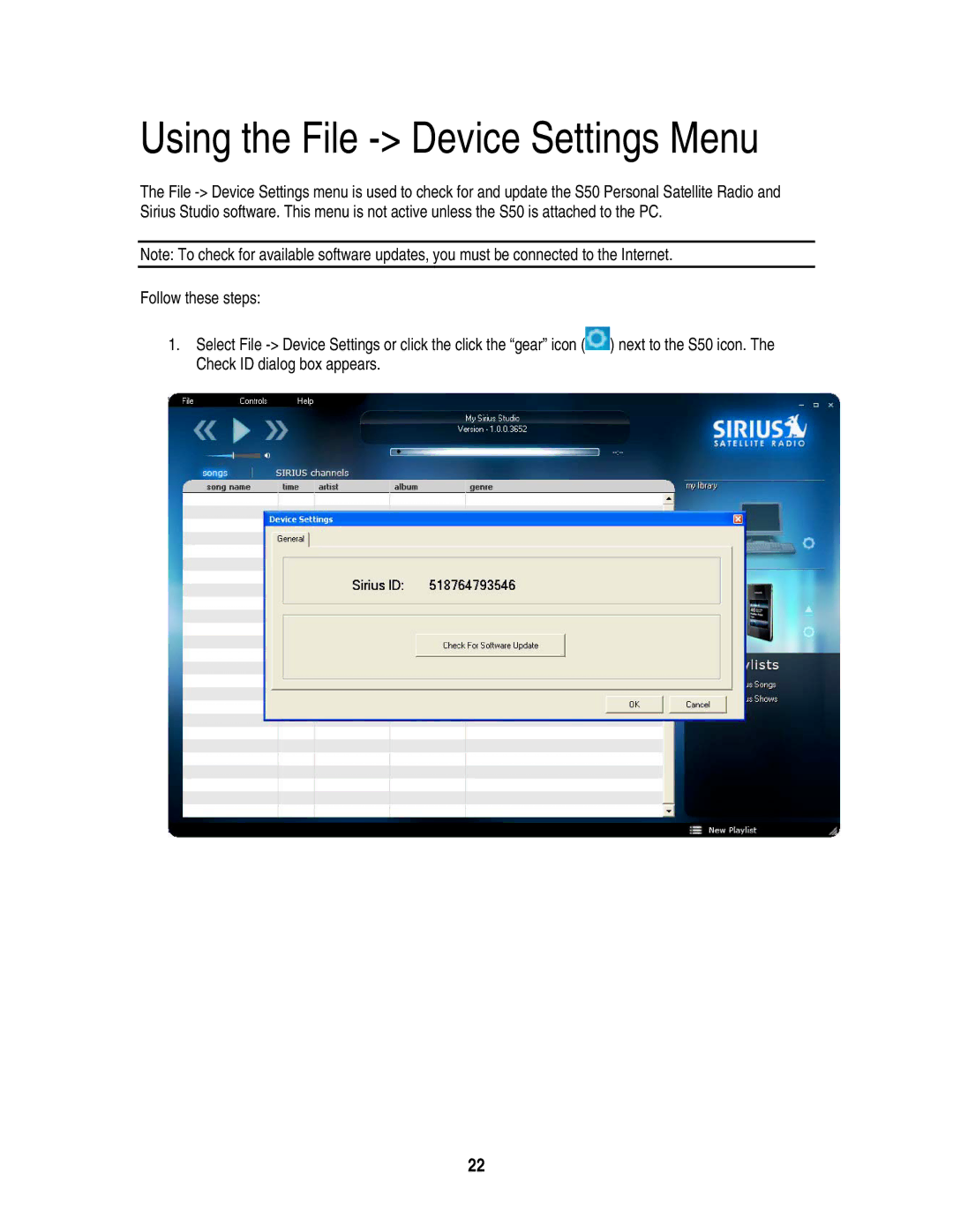 Sirius Satellite Radio S50 user manual Using the File Device Settings Menu 