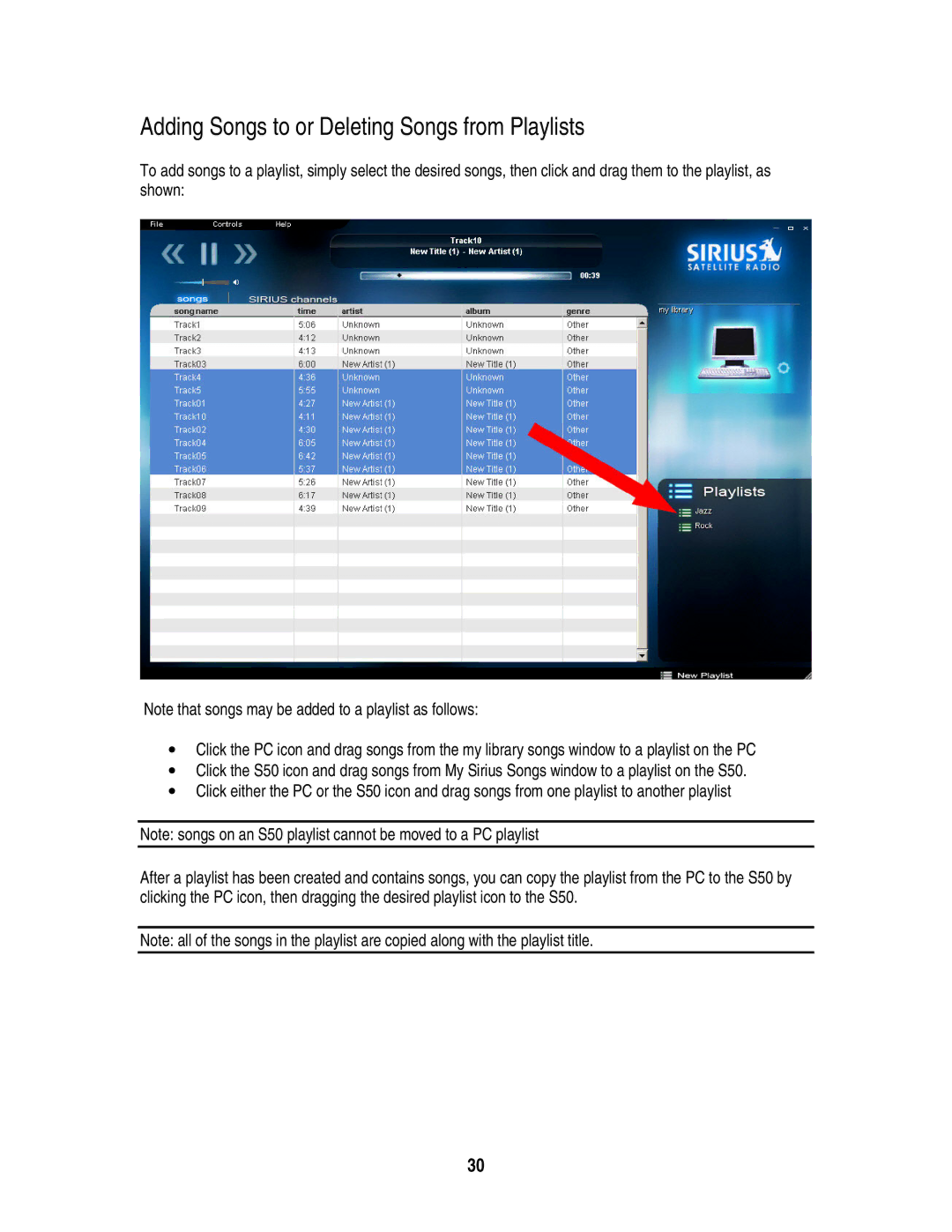 Sirius Satellite Radio S50 user manual Adding Songs to or Deleting Songs from Playlists 