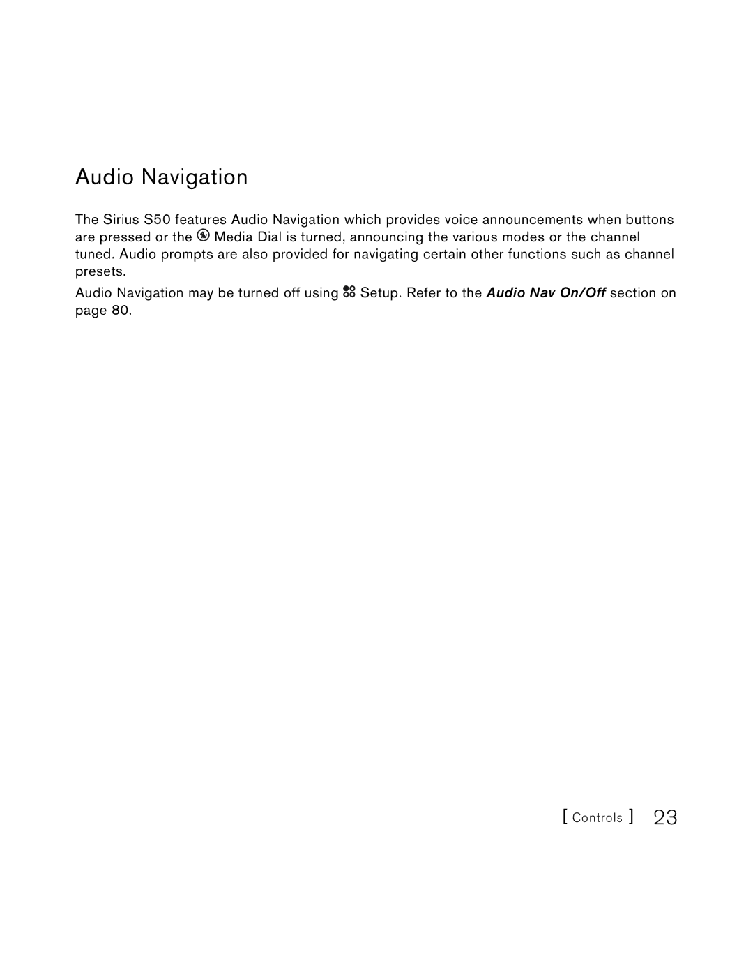 Sirius Satellite Radio S50 user manual Audio Navigation 