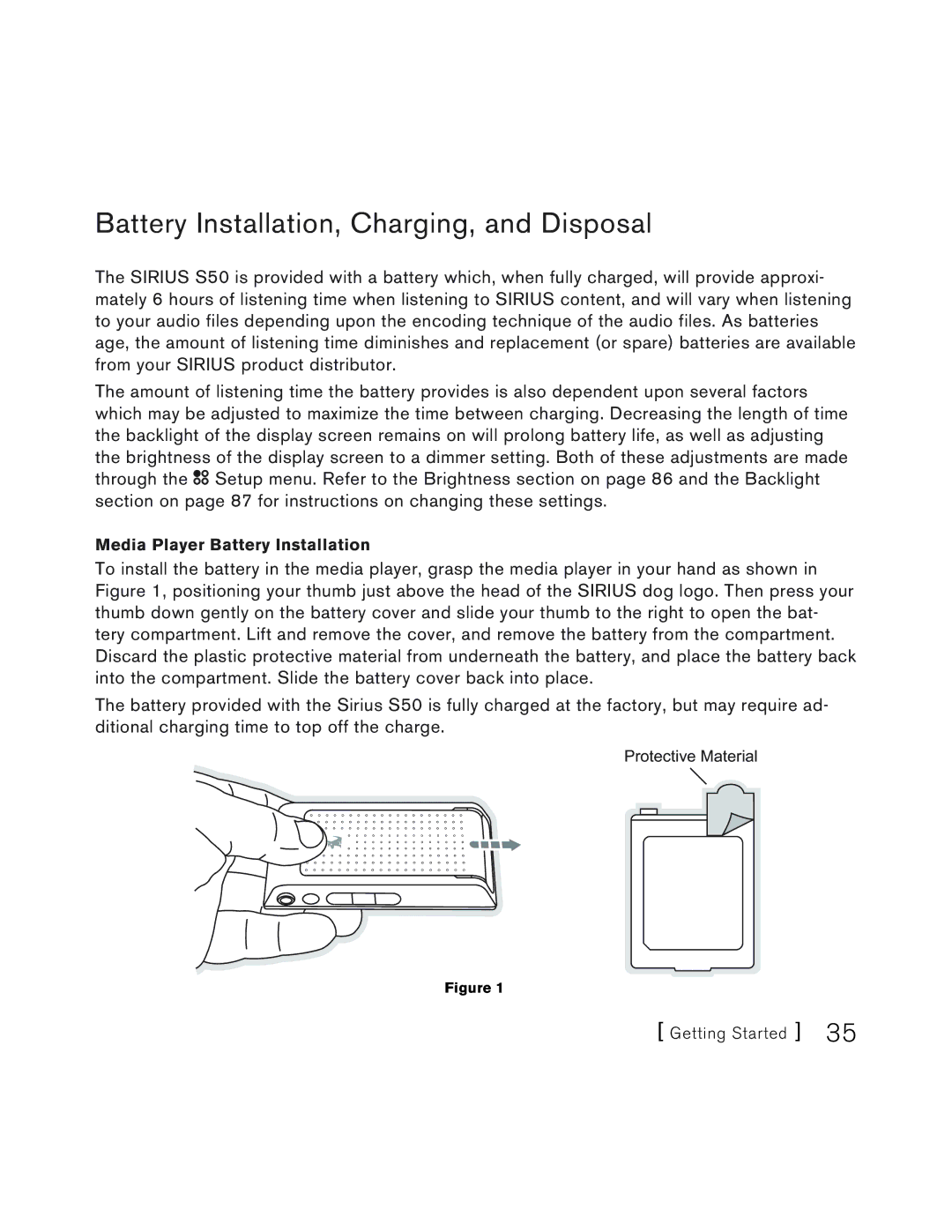 Sirius Satellite Radio S50 user manual Battery Installation, Charging, and Disposal 
