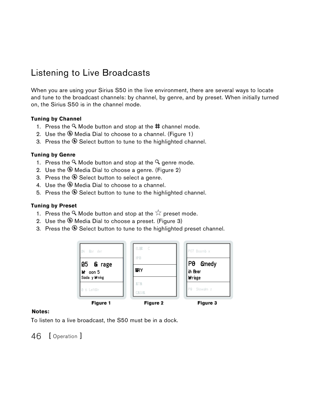 Sirius Satellite Radio S50 user manual Listening to Live Broadcasts, AG rage 