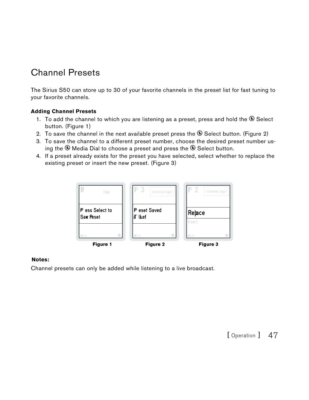 Sirius Satellite Radio S50 user manual Channel Presets, Replace 