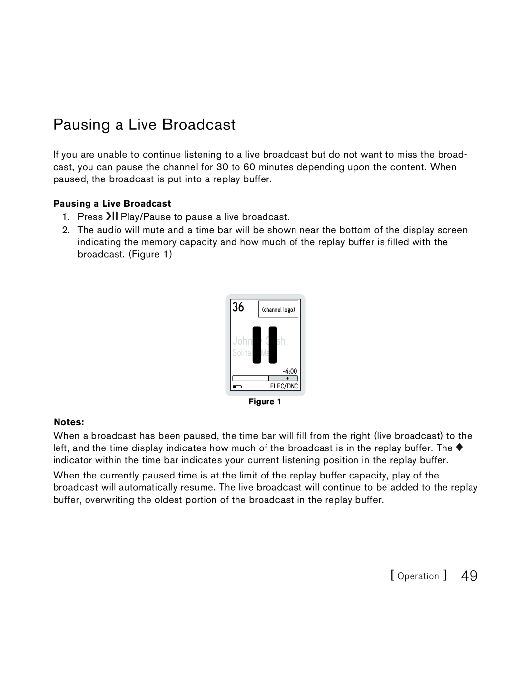 Sirius Satellite Radio S50 user manual Pausing a Live Broadcast, Johnny Cash 