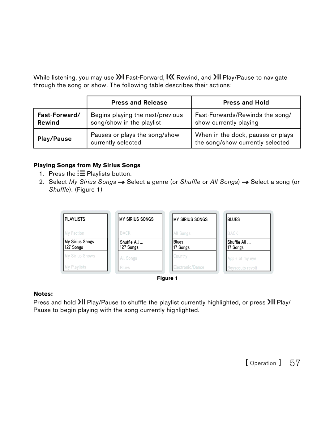 Sirius Satellite Radio S50 user manual Playing Songs from My Sirius Songs 