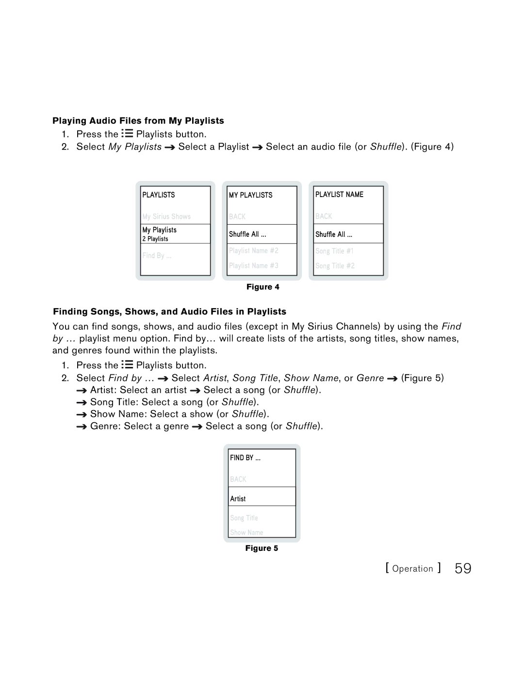 Sirius Satellite Radio S50 user manual Playing Audio Files from My Playlists 