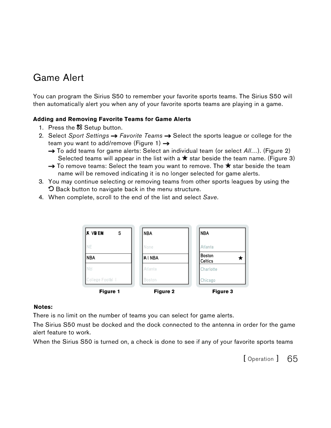 Sirius Satellite Radio S50 user manual Game Alert 