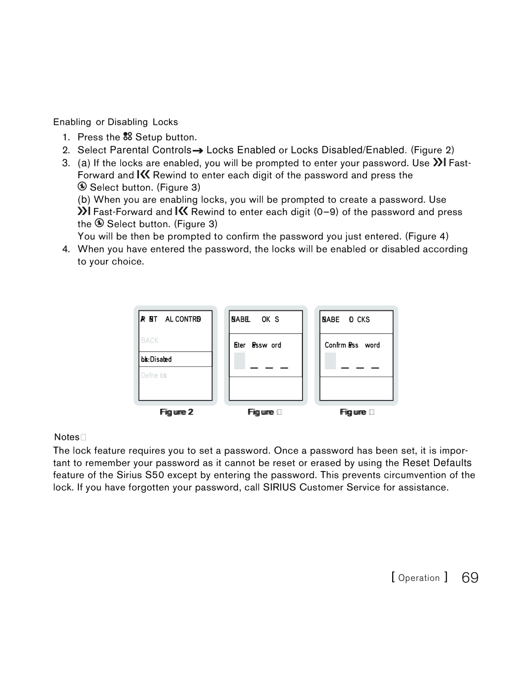 Sirius Satellite Radio S50 user manual Enabling or Disabling Locks 