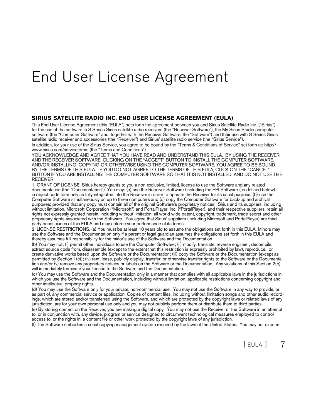 Sirius Satellite Radio S50 End User License Agreement, Sirius Satellite Radio INC. END User License Agreement Eula 