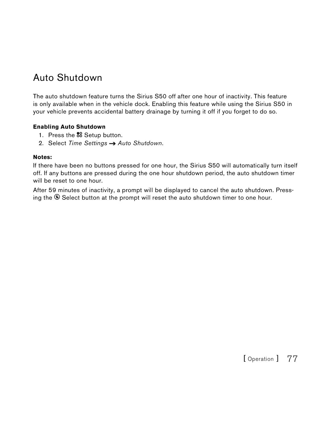 Sirius Satellite Radio S50 user manual Select Time Settings Auto Shutdown 