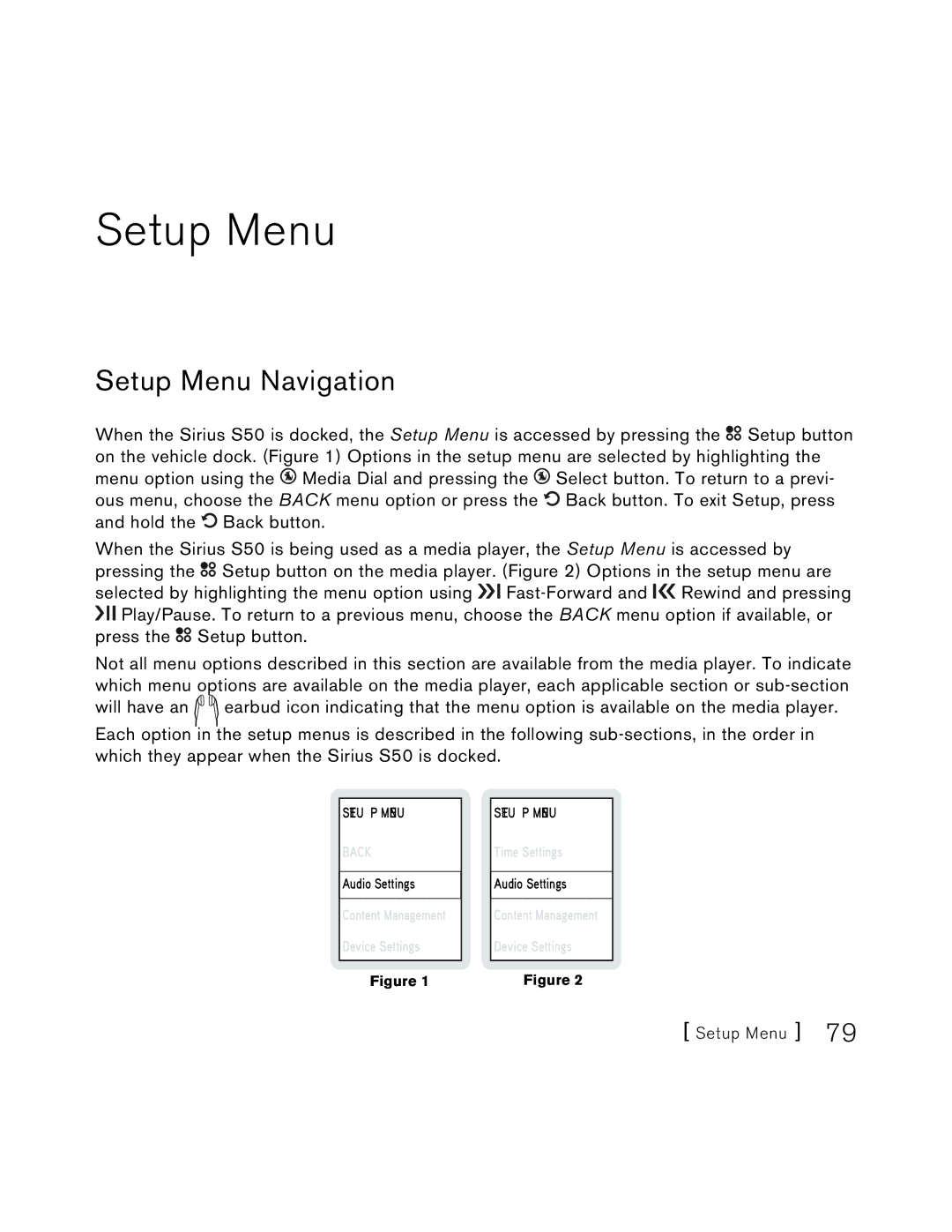 Sirius Satellite Radio S50 user manual Setup Menu Navigation 