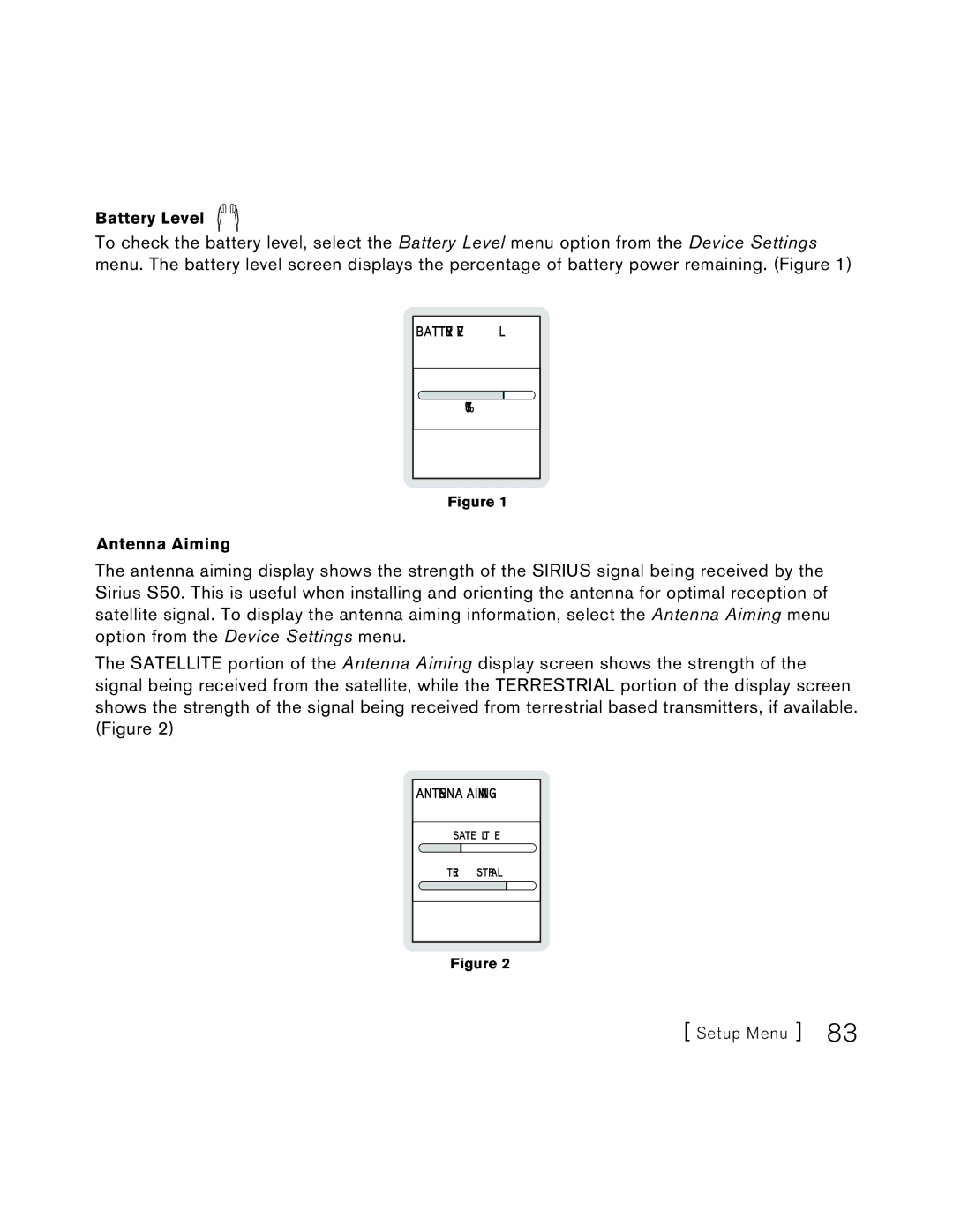 Sirius Satellite Radio S50 user manual Battery Level 