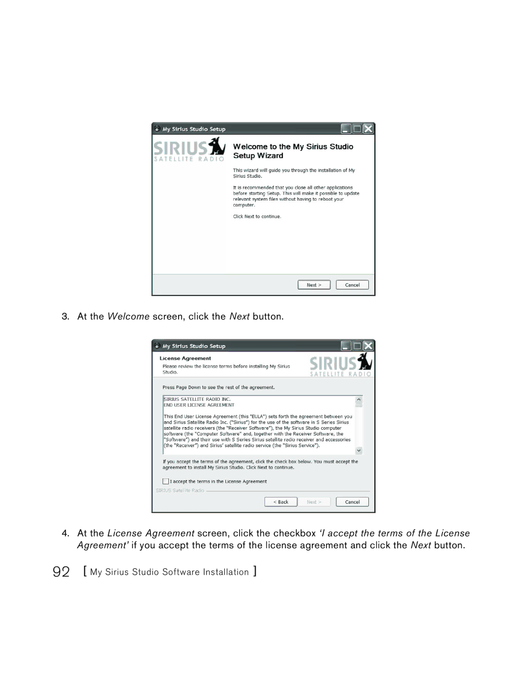 Sirius Satellite Radio S50 user manual At the Welcome screen, click the Next button 