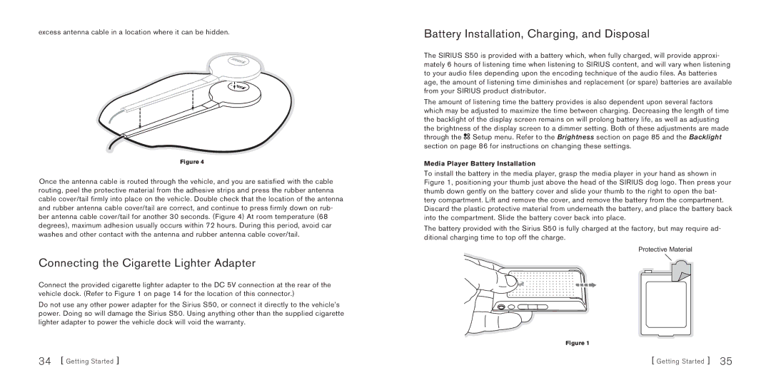 Sirius Satellite Radio S50 manual Connecting the Cigarette Lighter Adapter, Battery Installation, Charging, and Disposal 