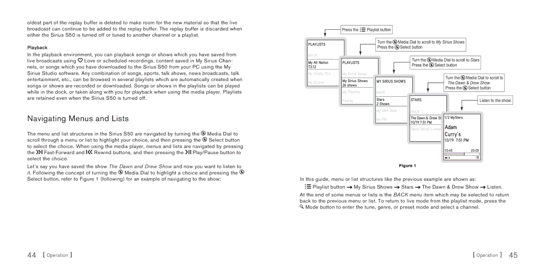 Sirius Satellite Radio S50 manual Navigating Menus and Lists, Dawn & Drew Show 