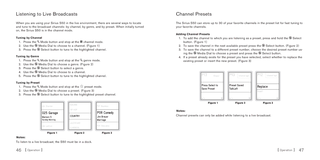 Sirius Satellite Radio S50 manual Listening to Live Broadcasts, Channel Presets 