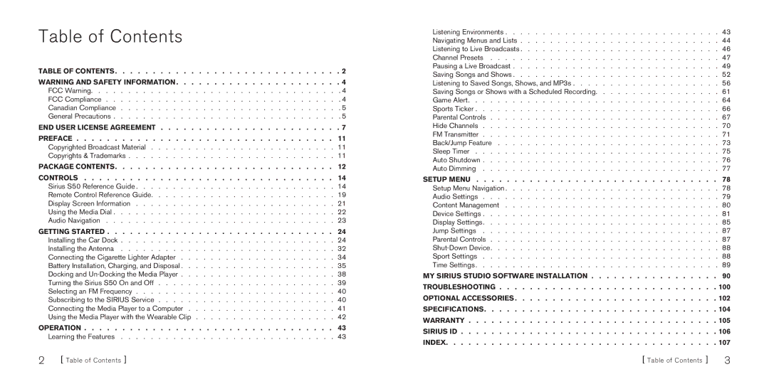 Sirius Satellite Radio S50 manual Table of Contents 