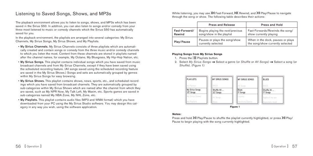 Sirius Satellite Radio S50 manual Listening to Saved Songs, Shows, and MP3s 