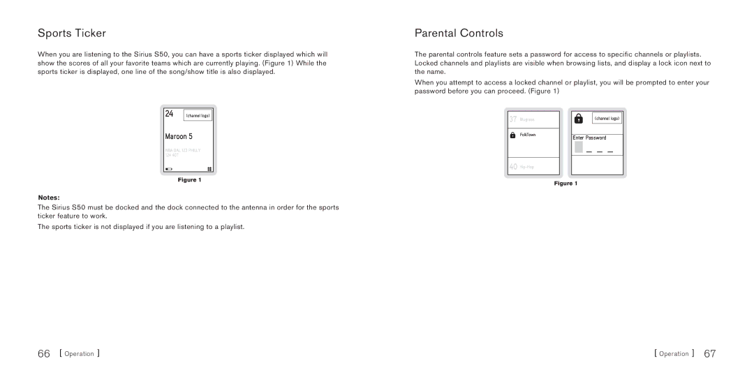 Sirius Satellite Radio S50 manual Sports Ticker, Parental Controls 