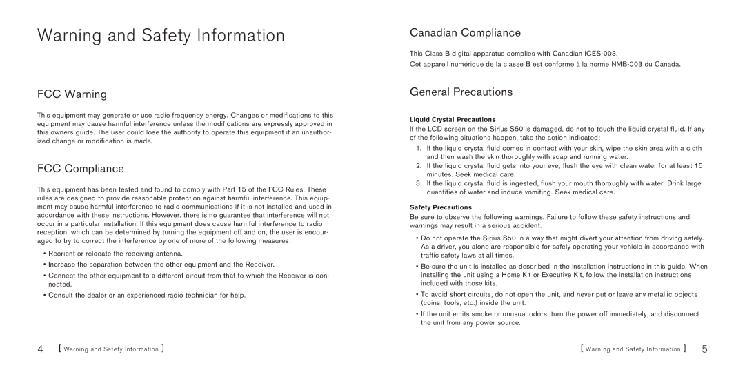 Sirius Satellite Radio S50 manual FCC Warning, FCC Compliance, Canadian Compliance, General Precautions 