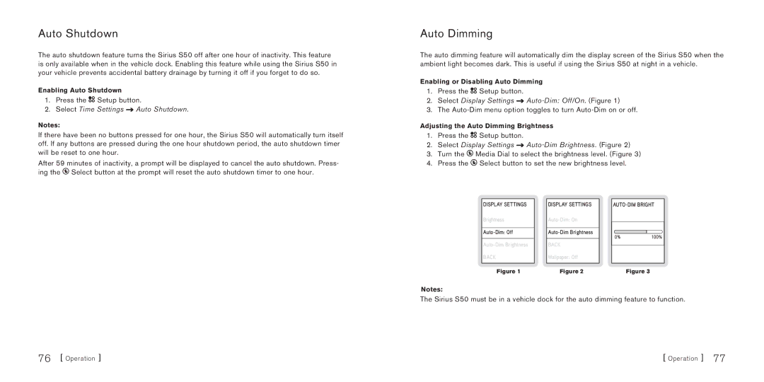 Sirius Satellite Radio S50 manual Auto Shutdown, Auto Dimming 